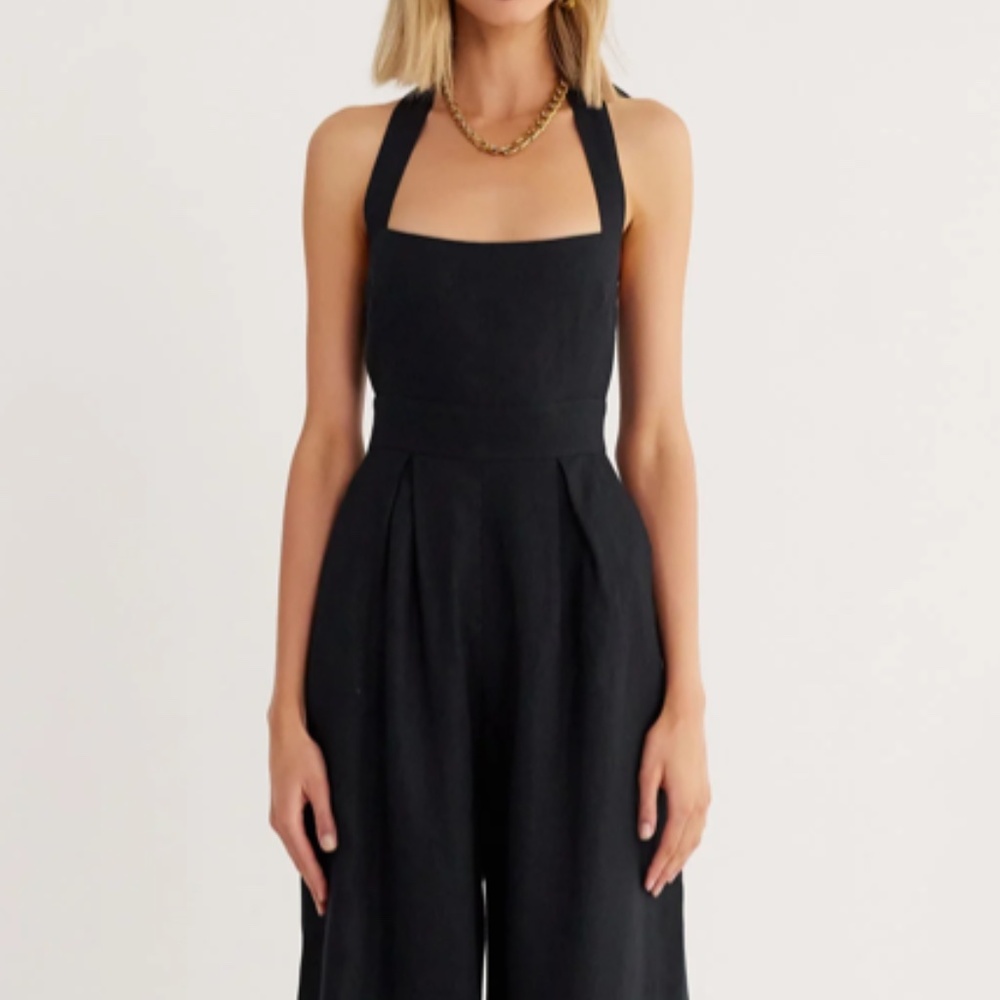 NWT Linen RUMER Freya Wide Leg Halter Jumpsuit in Black XS